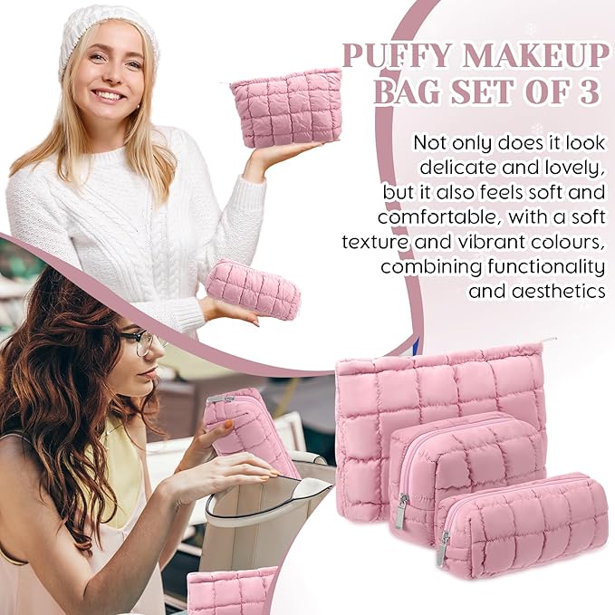 Huhumy 3 Pcs Puffy Makeup Bag Quilted Cosmetic Pouch for Women Cute Checkered Travel Toiletry Bag Puffer Makeup Organizer Purse Pouch Preppy Pencil Case with Zipper