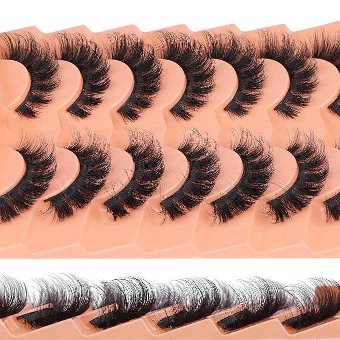 JIMIRE Mink Lashes Fluffy Cat Eye False Eyelashes D Curl Russian Strip Lashes Natural Look Soft Fake Lashes Volume Eyelash Extensions 7 Pairs Pack