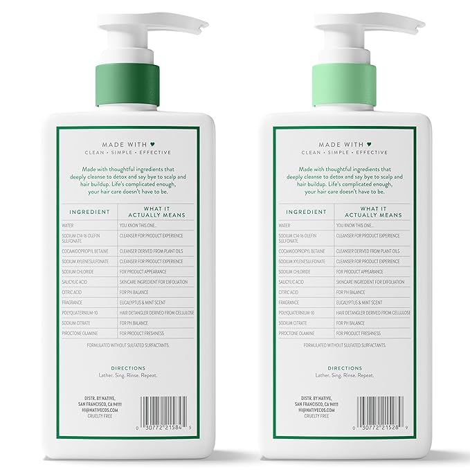 Native Scalp Detox Shampoo and Conditioner, Eucalyptus & Mint, Naturally Derived Ingredients | All Hair Types, Color & Treated, Fine to Dry Damaged, Sulfate & Dye Free - 2-Pack