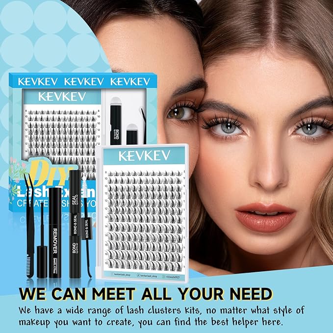 KevKev Lash Clusters Kit 144Pcs Ultra Soft Eyelash Extension Kit with Lash Bond and Seal Lash Glue Lash Remover for Cluster Eyelash Extensions (Volcano, D-8-16mix)