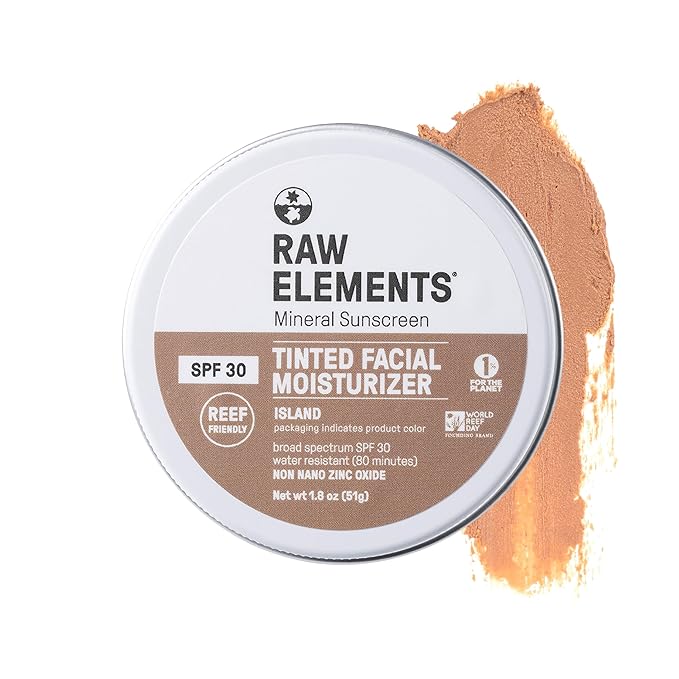 Raw Element Ultra-Moisturizing Tinted Face Cream, Non Toxic Mineral Face Sunscreen, Daily Tinted Moisturizer, Non-Nano Zinc Oxide, Reef Friendly, All Ages, SPF 30, 1.8 oz, Island, Pack of 1
