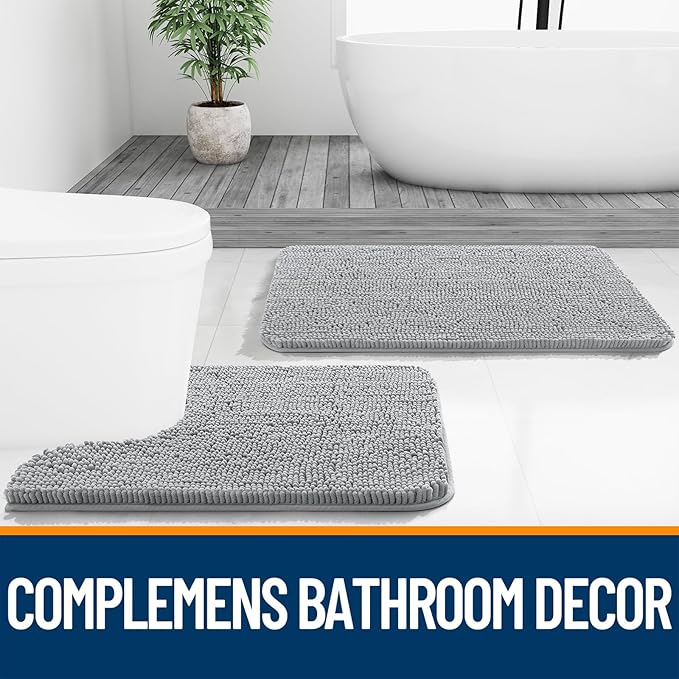 OLANLY Bathroom Rugs 47x17, Extra Soft Absorbent Chenille Bath Rugs, Rubber Backing Quick Dry, Machine Washable Bath Mats for Bathroom Floor, Tub and Shower, Home Decor Accessories, Light Grey