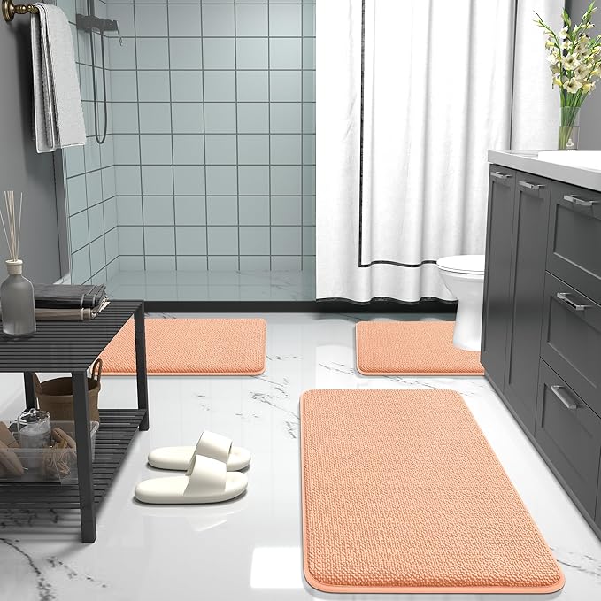 OLANLY Thick Memory Foam Bath Mat Rug 30x20, Extra Soft Absorbent Bathroom Rug, Quick Dry Bath Mats, Non-Slip, Machine Washable Carpet for Bathroom, Tub and Shower, Home Decor Accessories, Peach