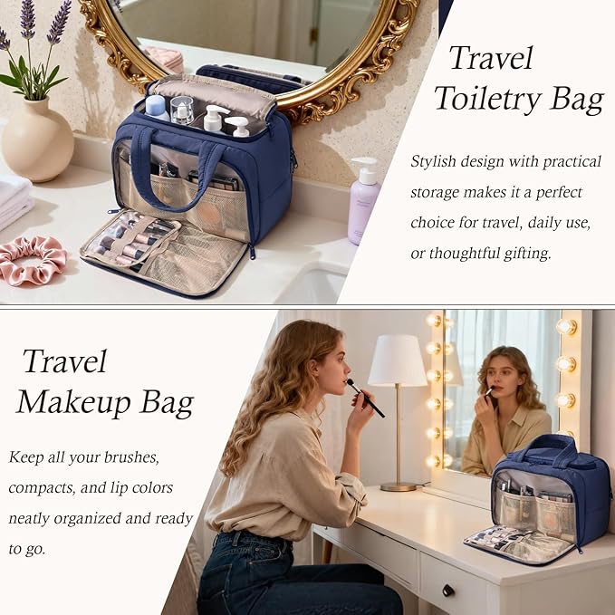 Bagstellar Travel Toiletry Bag, Lightweight Wide-open Large Puffy Toiletry Bag for Women, Quilted Makeup Bag Organizer Water-resistant Cosmetic Bag with Handle for Toiletries, Essentials, Accessories