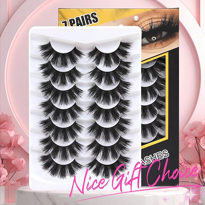 Veleasha False Eyelashes Long Faux Mink Lashes Fluffy Handmade Fake Eyelashes Natural Look 7 Pairs Pack Luxury Cat Eye Lashes (800)