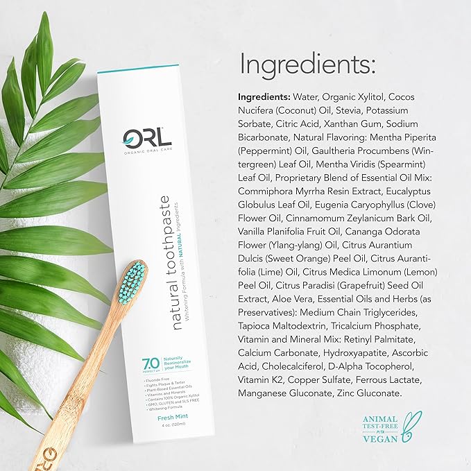 ORL Fluoride-Free, Natural Hydroxyapatite Toothpaste with Organic Xylitol. Helps Strengthen Teeth, Prevent Cavities, Non-Toxic Ingredients. Natural Fresh Mint Flavor 4 oz. Made in USA