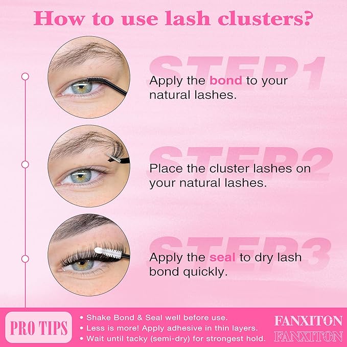 FANXITON Lash Clusters with Lash Bond and Seal Sweatproof, 10-18 mm D Volume Lash Extension Kit 280 pcs Individual Lashes Lash Clusters Kit and Tweezers Thick DIY Eyelash Extension Kit