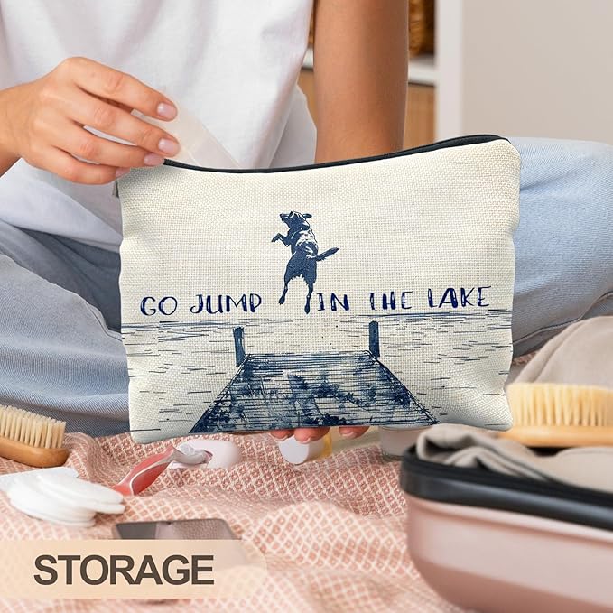 RYYCDOI Funny Dog Makeup Bag, Dog Mom Lovers Gifts Cosmetic Bags for Women, Gifts for Lake Lovers, Go Jump in the Lake Funny Dogs Zipper Makeup Pouch
