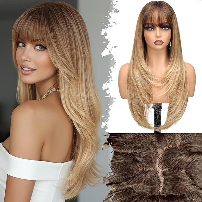 Long Honey Blonde Wig with Bangs for Women- Dark Root to Honey Blonde Ombre,4x4 Realistic Scalp,Free Parting,Layered Hairstyle Synthetic Heat Resistant for Daily Party Use 26 inch