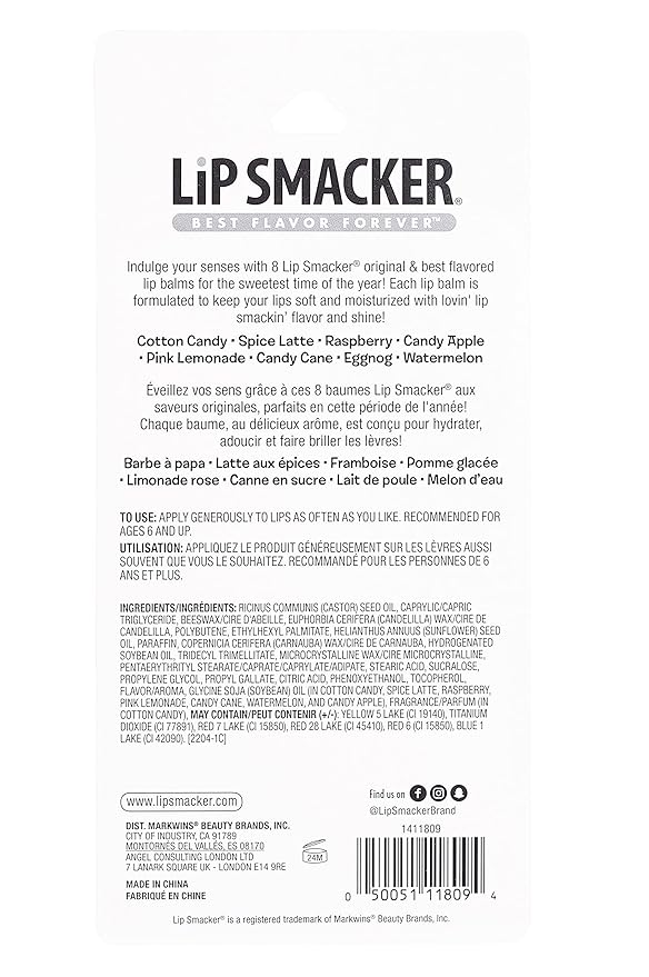 Lip Smacker Holiday Original & Best - 8 Moisturizing Lip Balms, Fun Assortment, Hydrating & Protecting - Vegan