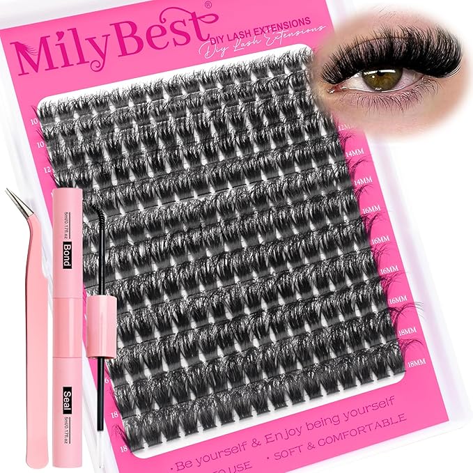 MilyBest Lash Clusters Kit 100D Fluff Cluster Eyelash Extensions 10-18mm Individual Lashes Clusters D Curl Lash Extension Kit, Waterproof Thick Volume Eyelash Clusters with Bond & Seal, Tweezers