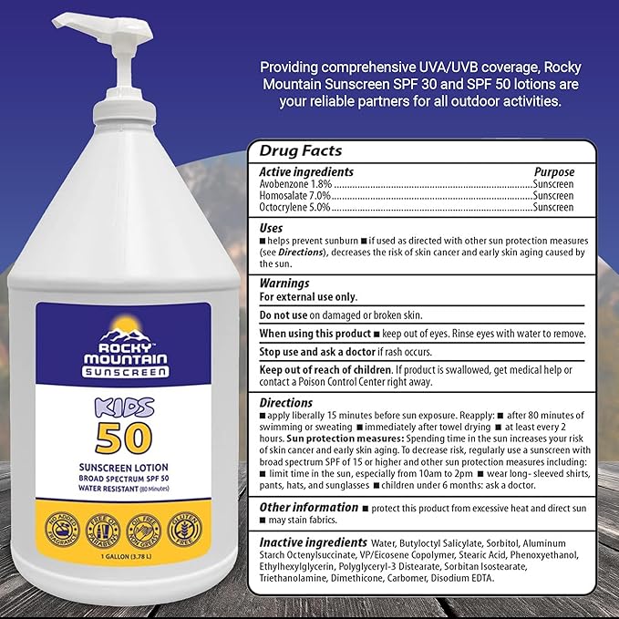 KIDS Rocky Mountain Sunscreen SPF 50 Gallon Sunscreen Lotion | Broad Spectrum UVA/UVB Protection | Hawaii 104 Reef Act Compliant (Oxybenzone & Octinoxate Free) | Water Resistant 80 Min. | (128 Fl Oz)