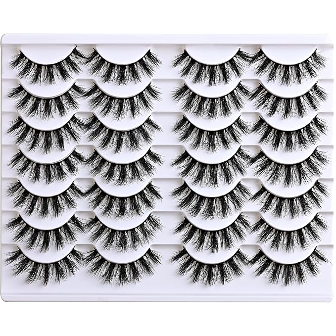 Lashes Fluffy Wispy Eyelashes 14 Pairs Separated Volume Lash Pack 9-16mm Spiky Strip Eyelash Natural Fake Mink Lashes Semi-Bold Reusable False Eyelashes Strips for Open-Eye & Cat-Eye Looks