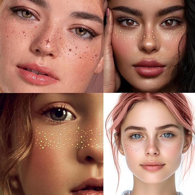 20PCS Glitter Freckles Face Tattoo, 4 Sheets/5 Styles Face Glitter Freckles for Festival & Rave, Waterproof Temporary Face Glitter Freckle Tattoo for Halloween Christmas Concerts Sparkle Makeup (Gold)