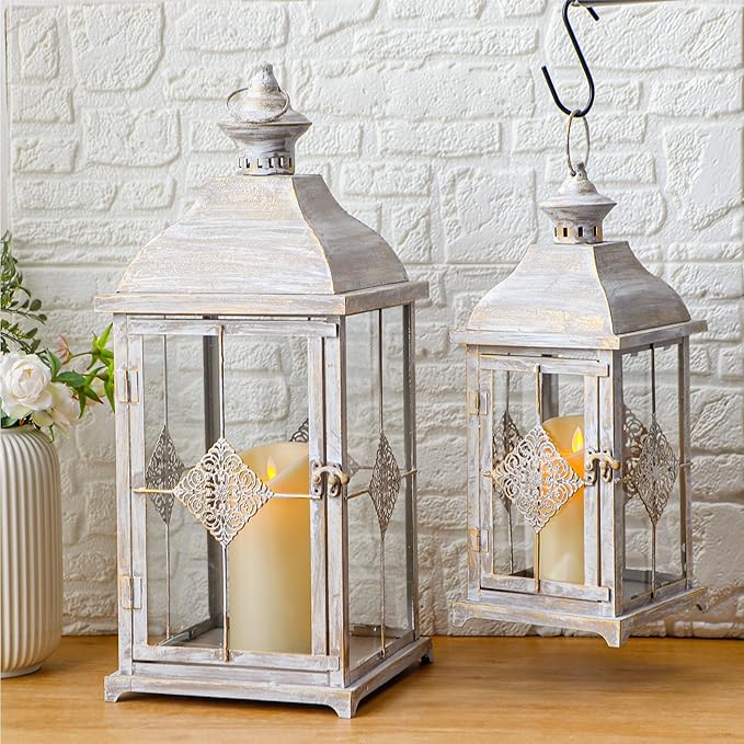 TRIROCKS 20"&15" H Large Decorative Candle Lantern Antique Grey Brush Outdoor Lantern Set with Tempered Glass Metal Candle Holder for Porch Ideal for Gardens Spring Home Decor Indoor Outdoor