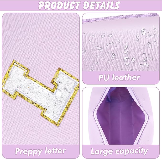 URSKYTOUS Gifts for Girls Initial Makeup Bag Personalized Cosmetic Bag with Zipper Cute Travel Toiletry Bag Waterproof PU Preppy Makeup Pouch Birthday Gift for Teen Girls Women(Purple L)