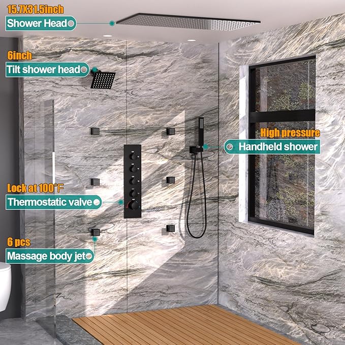 HOMEDEC 15.7x31.5" Ceiling Mounted Rainfall and 6" Wall Mounted Shower Heads with 6 Body Jets, Dual Shower Head System Rain Shower Faucet Set, Black