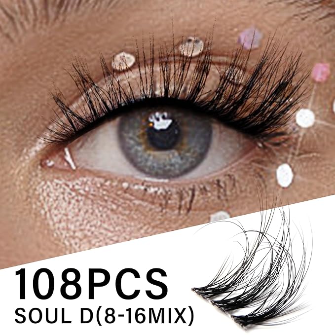 Lash Clusters 0.05mm Individual Lashes, 3D Wispy Lashes Clusters, 0.1mm Super Thin Band Resuable Natural Lashes,D Curl Faux Mink Lashes,108pcs Lash Extension (Green Soul-D-0.05-8-16mix)