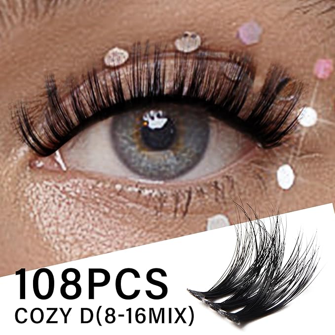 Lash Clusters 0.05mm Individual Lashes, 3D Wispy Lashes Clusters, 0.1mm Super Thin Band Resuable Natural Lashes,D Curl Faux Mink Lashes,108pcs Lash Extension (Green Cozy-D-0.05-8-16mix)