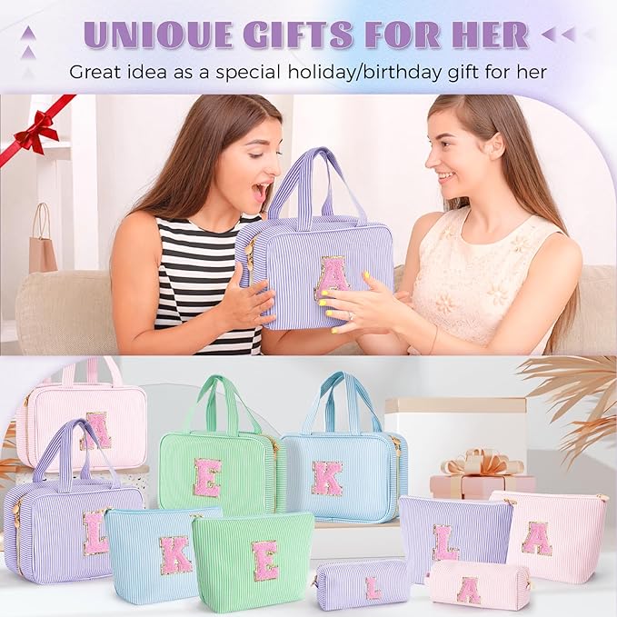 Fystdtote Cute Cosmetic Bag for Girls Women - Personalized Initial Makeup Pouch for Girlfriend Bridesmaid Wife | Travel Toiletry Bag for Her Mom | Birthday Preppy Stuff - Lavender C