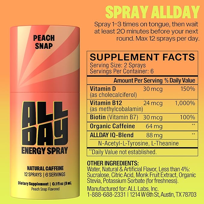 ALLDAY Caffeine Spray, Promotes Focus and Energy (Variety Pack, 8 Bottles, 96 Sprays) | 32mg Natural Caffeine per Spray | Pocket-Size Energy Shot with L-Theanine, Vitamin B12, & Vitamin D