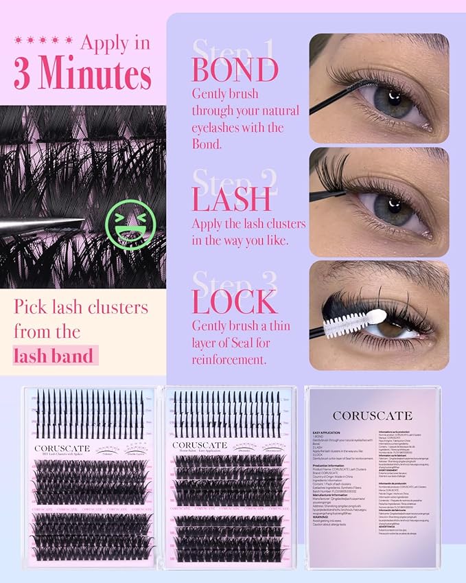 CORUSCATE Lash Clusters Kit 464pcs Wispy Lash Clusters with Spikes 60D+80D+100D+120D Eyelash Clusters Kit Thick Cluster Eyelash Extensions Mega Individual Lashes Spike Mink Lash Bond and Seal Glue