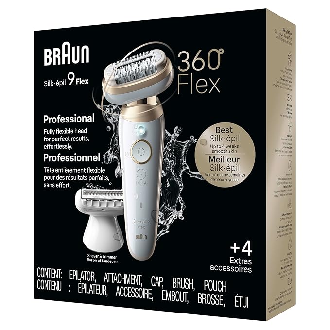 Braun Silk-épil 9 Flex Epilator, 360 Flex and Pivoting Head, Wet and Dry, Includes Shaver Head, Trimmer Comb, SES9-041 3D, Tinted Gold, Holiday Gifts for Women