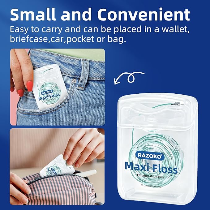 RAZOKO Threader Floss for Braces,Implants,Bridges-260 Count Pre-Measured Strands 2-in-1 Expanding Waxed Dental Floss for Deep Clean,Light Mint Flavored