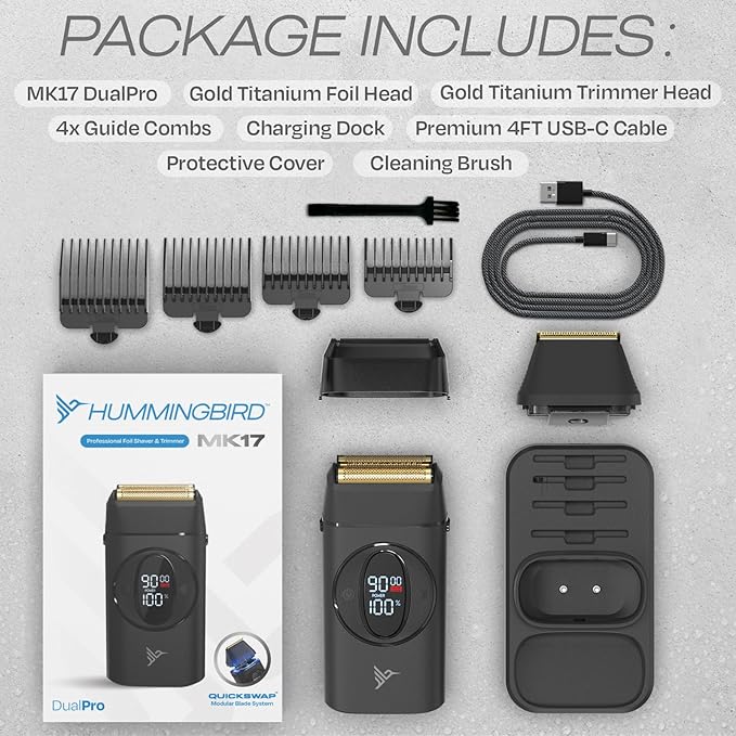 HUMMINGBIRD MK17 DualPro Foil Shaver & Beard Trimmer for Men – Gold Titanium Blades, Turbo Shaving & Torque Control, Metal Body, Digital Battery & RPM Display, Wet/Dry, USB-C & Wireless Charging Dock