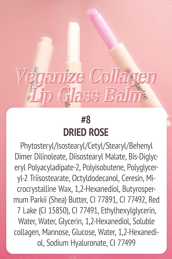 self beauty Veganize Collagen Lip Glass Balm - Hydrating Lip w/Hyaluronic Acid - Vegan Korean Lip Balm Moisturizing Lip Care – Lip Gloss Repair for Dry Cracked Lips 0.06 oz (#8 Dried Rose)