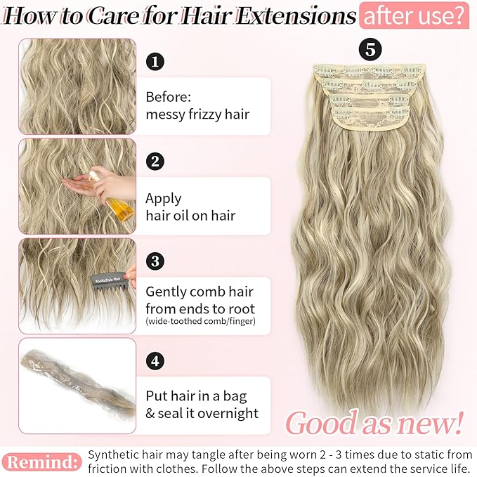 KooKaStyle Clip in Synthetic Highlight Hair Extensions Long Wavy 4PCS Thick Hairpieces Ashy Beige Blonde Balayage Fiber Double Weft Natural Hair Extensions 20 Inch for Women