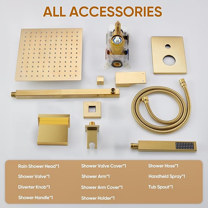 HoliSpa Gold Shower System with Tub Spout, All Metal Tub Shower Faucet Set with 10" Rain Shower Head and Handheld Spray combo, Wall Mounted Tub Shower Systems with Valve and Trim Kit, Brushed Gold
