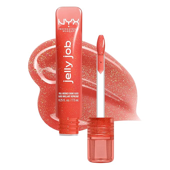 NYX PROFESSIONAL MAKEUP Jelly Job Lip Gloss, Lip Tint Gloss with Full-Bodied, Smoothing, and Hyper-Glossy Shine - Jelly Squeeze (Peach Pearl Shimmer)
