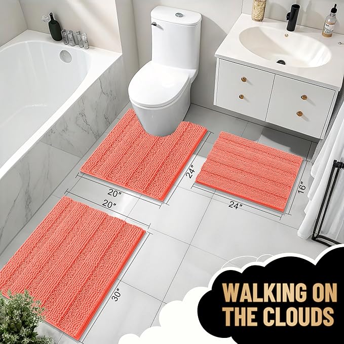 OLANLY Thick Bathroom Rugs 30x20, Extra Soft Absorbent Chenille Striped Bath Rugs, Rubber Backing, Machine Wash Dry, Bath Mats for Bathroom Floor, Tub and Shower, Home Decor Accessories, Coral