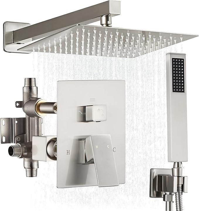 Fransiton Shower Faucet set with Shower head 10 Inches Rainfall Shower Head and Handle Set Single Handle Wall Mounted Shower System Set with Female Threads Valve Body(Brushed Nickel)