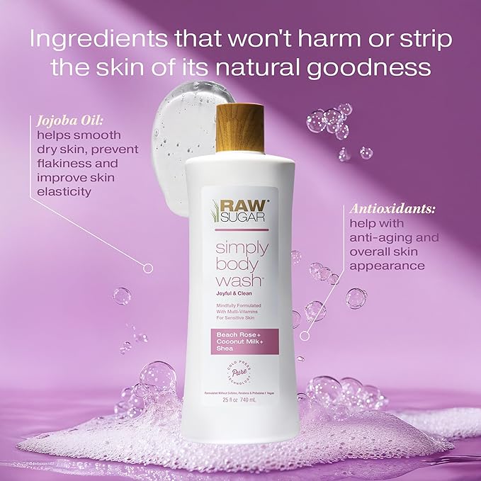 RAW SUGAR Simply Body Wash, Beach Rose + Coconut Milk + Shea (25 Fl Oz, Pack of 3) Sensitive Skin Bath Soap, Formulated without Sulfates & Parabens