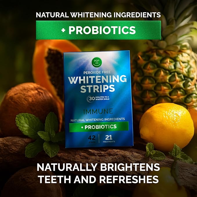 Teeth Whitening Strips by Pop On, 14 Strips, 7-Day Treatment, Non-Slip, Sensitive Teeth Whitening Strips, Made with Natural Ingredients, Mint Flavor, with Essential Probiotics, Hydrogen Peroxide Free