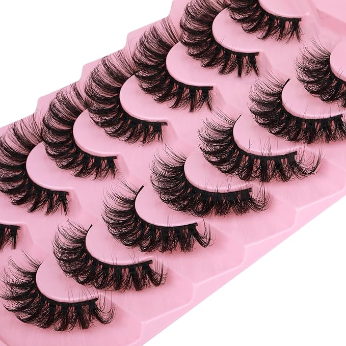 JIMIRE Cat Eye Lashes with Glue Wispy False Eyelashes with Eyelash Glue Kit Russian Strip Lashes D Curl Mink Lashes Fluffy 7 Pairs Pack