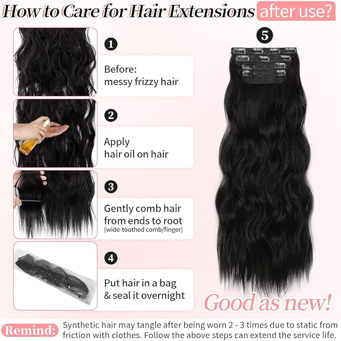 KooKaStyle Clip in Hair Extensions 4PCS Long Wavy Synthetic Dark Black Brown Fiber Double Weft Natural Thick Hairpieces 24Inch for Women