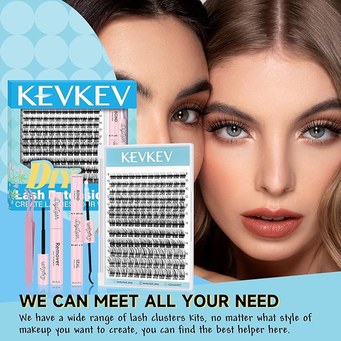KevKev Lash Extension Kit Lash Clusters Kit 144Pcs 8-16mix Length Ultra Soft Eyelash Extension Kit Lash Bond and Seal Lash Glue Lash Remover for DIY Eyelash Extensions(Wetland, D-8-16mix)