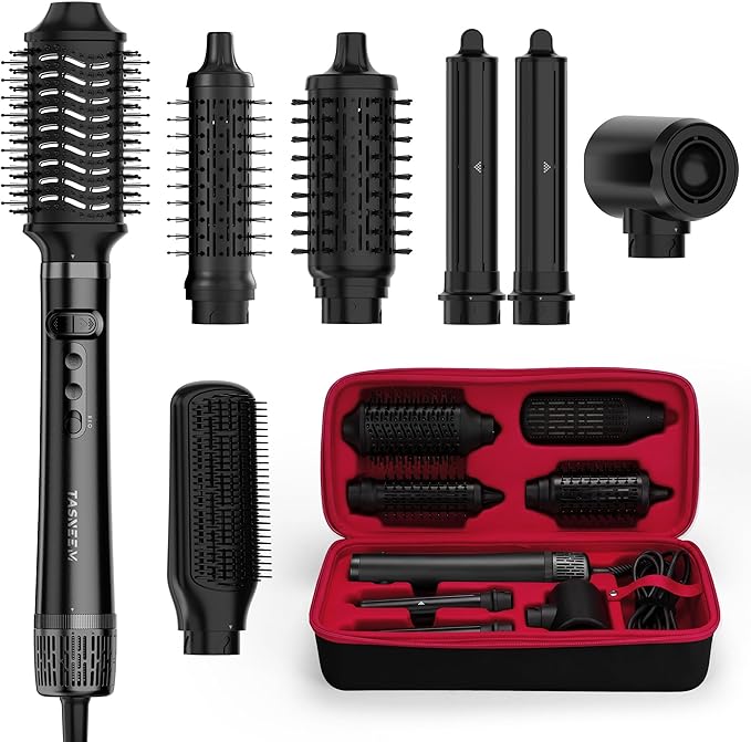 TASNEEM Hair Dryer Brush, 7 in 1 Pro Hot Air Styler for Hair Styler, Rotating Hair Dryer Brush, Auto-Wrap Curlers,Paddle Brush for Fast Blow Dry & Curling Volumizing Straightening with Travel Case