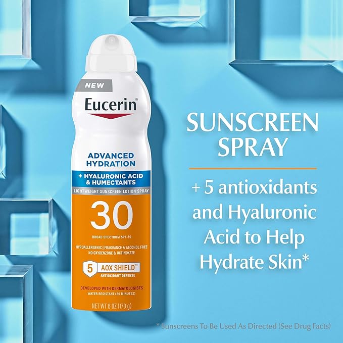 Eucerin Advanced Hydration SPF 30 Sunscreen Spray, Lightweight Sunscreen Lotion Spray, Hypoallergenic, Fragrance Free and Alcohol Free, 6 Oz Spray Bottle