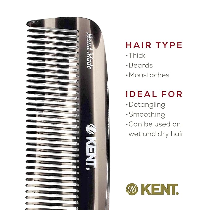 Kent 12T G Wide Tooth Detangling and Grooming Comb - Handmade Pocket Comb for Thick, Curly, Wavy Hair - Large Tooth Hair Detangler for Beard and Mustache - Saw-Cut and Hand Polished