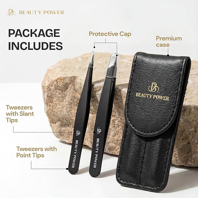 Precision Tweezers for Women Facial Hair & Men - Professional Tweezers Set with Slant & Point Tips, German Stainless Steel, PU Leather Travel Case, Lightweight & Ultra Precision Black