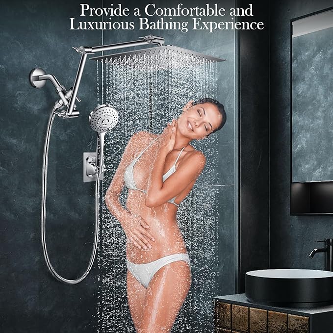 12'' Rain Shower Head Combo, High Pressure Rainfall Shower Head with 16'' Flexible Adjustment of Height/Angle Upgraded Extension Arm and 5 Setting Spray Handheld Shower Head, Anti-leak (Chrome)