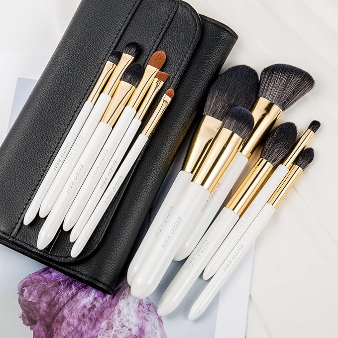 ENZO KEN Natural Black Goat Hair Makeup Brush Set with Case, Natural Hair Makeup Brushes Set Professional, Make up Brushes Set Professional, Natural Makeup Brushes, Natural Bristle Makeup Brushes.