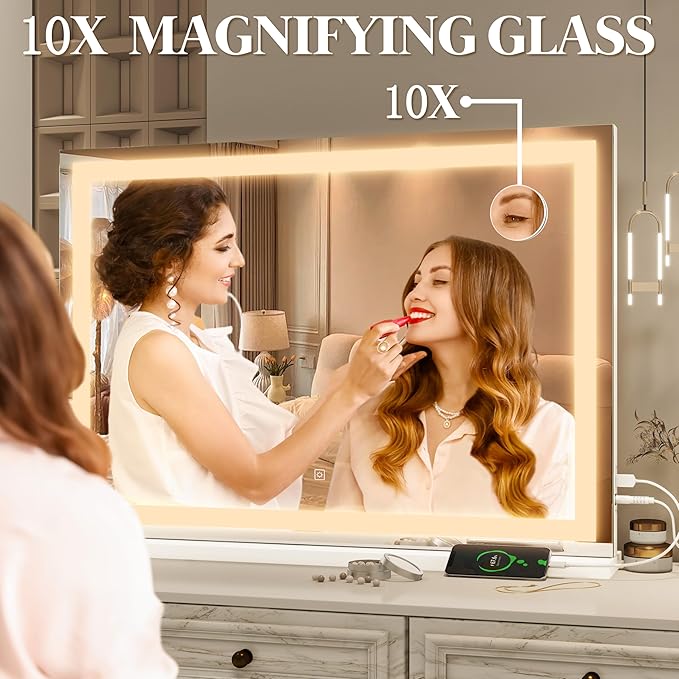 FENNIO Vanity Mirror with Lights 32"x22", Lighted Makeup Mirror, Large Vanity Mirror, Touch Sensor with 3-Color Lighting, USB Charging Port for Vanity Desk(Square White)