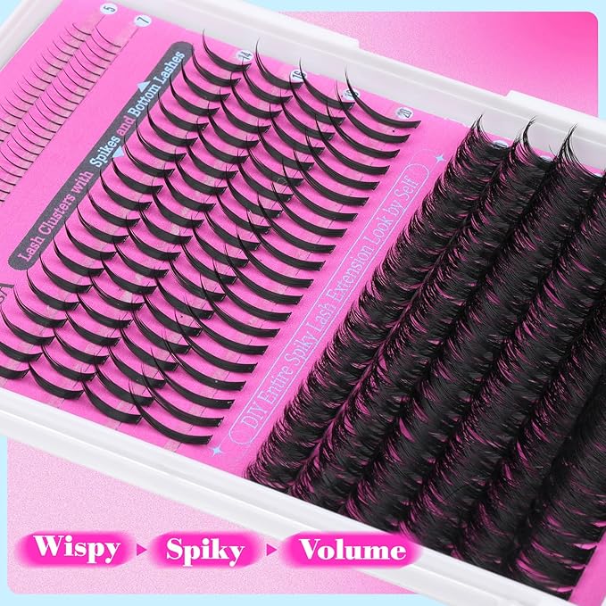 Yawamica Lash Extension Kit Wispy Lash Clusters 12-18mm with 14-20mm Spikes and 5-7mm Bottom Lashes DIY Manga Cluster Eyelash Extensions D Curly Waterproof Lashes Clusters Kit with Bond and Seal