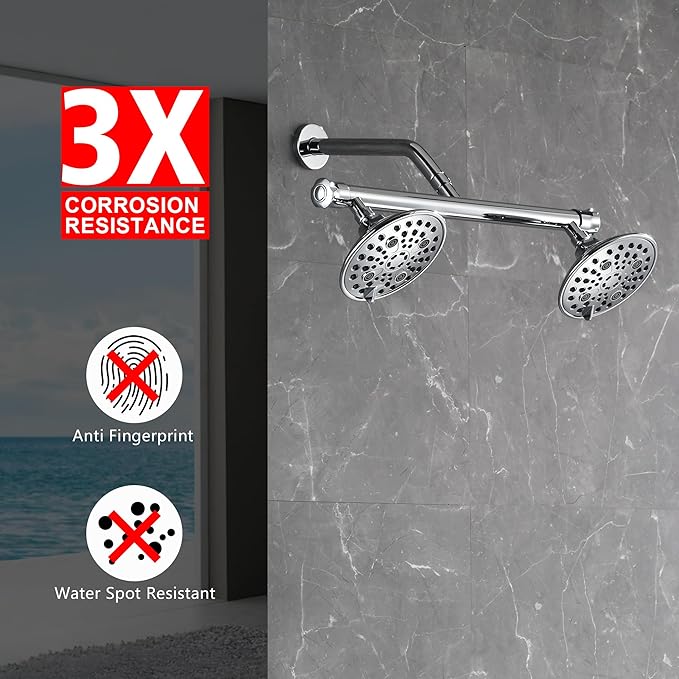 sumerain Luxurious 6" High Pressure Dual Shower Head Combo with 6 Settings and 20" Long Shower Arm for Couples, Chrome Finish
