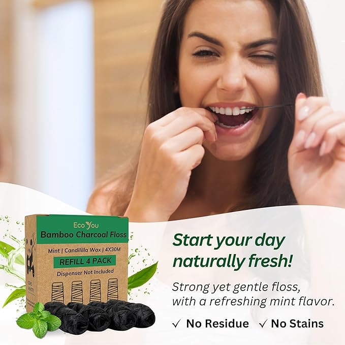 Bamboo Charcoal Dental Floss | Mint & Candelilla Wax | Vegan & Biodegradable (4 Refills Pack) | Pfas Free